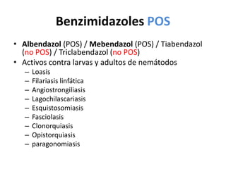 BenzimidazolesPOSAlbendazol (POS) / Mebendazol (POS) / Tiabendazol (no POS) / Triclabendazol (no POS)Activos contra larvas y adultos de nemátodosLoasisFilariasis linfática AngiostrongiliasisLagochilascariasisEsquistosomiasisFasciolasisClonorquiasisOpistorquiasisparagonomiasis
