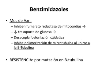BenzimidazolesMec de Axn:Inhiben fumaratoreductasa de mitocondias -> ↓ trasnporte de glucosa ->Desacopla fosforilaziónoxidativaInhibe polimerización de microtúbulos al unirse a la B-TubulinaRESISTENCIA: por mutación en B-tubulina