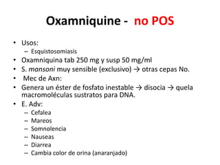Oxamniquine -  no POSUsos: EsquistosomiasisOxamniquinatab 250 mg y susp 50 mg/mlS. mansoni muy sensible (exclusivo) -> otras cepas No.Mec de Axn:Genera un éster de fosfato inestable -> disocia -> quela macromoléculas sustratos para DNA.E. Adv:CefaleaMareosSomnolenciaNauseasDiarrea Cambia color de orina (anaranjado)