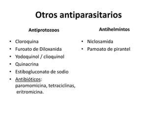 Otros antiparasitarios  AntiprotozoosCloroquina Furoato de DiloxanidaYodoquinol / clioquinolQuinacrinaEstibogluconato de sodioAntibióticos: paromomicina, tetraciclinas, eritromicina.AntihelmíntosNiclosamidaPamoato de pirantel