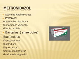 METRONIDAZOL
Actividad Antiinfecciosa
 Protozoos:
entamoeba histolytica,
trichomonas vaginalis
Giardia lamblia.


Bacterias ( anaerobios)
Bacteroides



Fusobacterium,
Clostridium
Peptococcus
Campylobacter fetus
Gardnerella vaginalis.

 