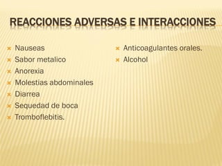REACCIONES ADVERSAS E INTERACCIONES









Nauseas
Sabor metalico
Anorexia
Molestias abdominales
Diarrea
Sequedad de boca
Tromboflebitis.




Anticoagulantes orales.
Alcohol

 
