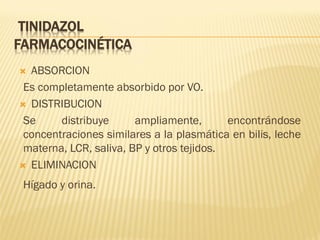 TINIDAZOL
FARMACOCINÉTICA
ABSORCION
Es completamente absorbido por VO.
 DISTRIBUCION
Se
distribuye
ampliamente,
encontrándose
concentraciones similares a la plasmática en bilis, leche
materna, LCR, saliva, BP y otros tejidos.
 ELIMINACION


Hígado y orina.

 