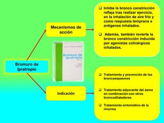 Bromuro de
Ipratropio
Mecanismos de
acción
Indicación
 Inhibe la bronco constricción
refleja tras realizar ejercicio,
en la inhalación de aire frío y
como respuesta temprana a
antígenos inhalados.
 Además, también revierte la
bronco constricción inducida
por agonistas colinérgicos
inhalados.
 Tratamiento y prevención de los
broncoespasmos
 Tratamiento adyuvante del asma
en combinación con otros
broncodilatadores
 Tratamiento sintomático de la
rinorrea
 