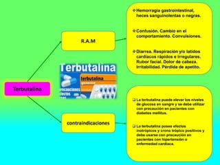 Terbutalina
R.A.M
contraindicaciones
Hemorragia gastrointestinal,
heces sanguinolentas o negras.
Confusión. Cambio en el
comportamiento. Convulsiones.
Diarrea. Respiración y/o latidos
cardíacos rápidos e irregulares.
Rubor facial. Dolor de cabeza.
Irritabilidad. Pérdida de apetito.
 La terbutalina puede elevar los niveles
de glucosa en sangre y se debe utilizar
con precaución en pacientes con
diabetes mellitus.
 La terbutalina posee efectos
inotrópicos y crono trópico positivos y
debe usarse con precaución en
pacientes con hipertensión o
enfermedad cardíaca.
 