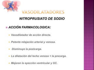 NITROPRUSIATO DE SODIO
 ACCIÓN FARMACOLOGICA:
 Vasodilatador de acción directa.
 Potente relajación arterial y venosa.
 Disminuye la postcarga.
 La dilatación del lecho venoso < la precarga.
 Mejoran la eyección ventricular y GC.
 