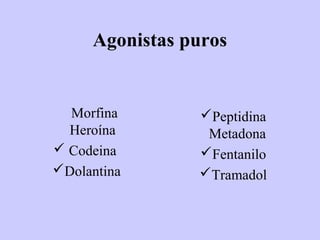 Agonistas puros


  Morfina       Peptidina
  Heroína        Metadona
 Codeina       Fentanilo
Dolantina      Tramadol
 