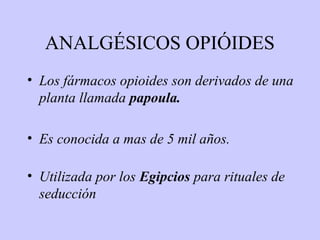 ANALGÉSICOS OPIÓIDES
• Los fármacos opioides son derivados de una
  planta llamada papoula.

• Es conocida a mas de 5 mil años.

• Utilizada por los Egipcios para rituales de
  seducción
 
