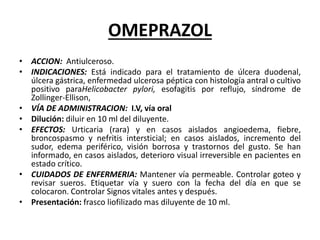 OMEPRAZOL
• ACCION: Antiulceroso.
• INDICACIONES: Está indicado para el tratamiento de úlcera duodenal,
úlcera gástrica, enfermedad ulcerosa péptica con histología antral o cultivo
positivo paraHelicobacter pylori, esofagitis por reflujo, síndrome de
Zollinger-Ellison,
• VÍA DE ADMINISTRACION: I.V, vía oral
• Dilución: diluir en 10 ml del diluyente.
• EFECTOS: Urticaria (rara) y en casos aislados angioedema, fiebre,
broncospasmo y nefritis intersticial; en casos aislados, incremento del
sudor, edema periférico, visión borrosa y trastornos del gusto. Se han
informado, en casos aislados, deterioro visual irreversible en pacientes en
estado crítico.
• CUIDADOS DE ENFERMERIA: Mantener vía permeable. Controlar goteo y
revisar sueros. Etiquetar vía y suero con la fecha del día en que se
colocaron. Controlar Signos vitales antes y después.
• Presentación: frasco liofilizado mas diluyente de 10 ml.
 