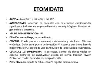 ETOMIDATO
• ACCION: Anestésico e Hipnótico del SNC.
• INDICACIONES: Inducción en pacientes con enfermedad cardiovascular
significante. Inductor en los procedimientos neuroquirúrgicos. Mantención
general de la anestesia.
• VÍA DE ADMINISTRACION: I.V
• Dilución: no se diluye, se pasa directo.
• EFECTOS: Puede producir movimientos de los ojos y mioclonias. Náuseas
y vómitos. Dolor en el punto de inyección IV. Aparece una breve fase de
hiperventilación, seguida de una disminución de la frecuencia respiratoria.
• CUIDADOS DE ENFERMERIA: 5 correctos. Control de signos vitales en
especial oximetría de pulso.Vigilar estado de alerta. Posición fowler.
Protección con las barandas por riesgo de caída.
• Presentación: ampolla de 10 ml. Con 20 mg. Del medicamento.
 