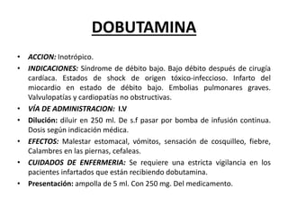 DOBUTAMINA
• ACCION: Inotrópico.
• INDICACIONES: Síndrome de débito bajo. Bajo débito después de cirugía
cardíaca. Estados de shock de origen tóxico-infeccioso. Infarto del
miocardio en estado de débito bajo. Embolias pulmonares graves.
Valvulopatías y cardiopatías no obstructivas.
• VÍA DE ADMINISTRACION: I.V
• Dilución: diluir en 250 ml. De s.f pasar por bomba de infusión continua.
Dosis según indicación médica.
• EFECTOS: Malestar estomacal, vómitos, sensación de cosquilleo, fiebre,
Calambres en las piernas, cefaleas.
• CUIDADOS DE ENFERMERIA: Se requiere una estricta vigilancia en los
pacientes infartados que están recibiendo dobutamina.
• Presentación: ampolla de 5 ml. Con 250 mg. Del medicamento.
 