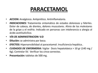 PARACETAMOL
• ACCION: Analgésico. Antipirético. Antiinflamatorio.
• INDICACIONES: Tratamiento sintomático de estados dolorosos y febriles.
Dolor de cabeza, de dientes, dolores musculares. Alivio de los malestares
de la gripe y el resfrío. Indicado en personas con intolerancia o alergia al
ácido acetilsalicílico.
• VÍA DE ADMINISTRACION: V.O
• Dilución: se administra por boca.
• EFECTOS: Hipersensibilidad al paracetamol. Insuficiencia hepática..
• CUIDADOS DE ENFERMERIA: Vigilar Dosis hepatotóxica > 10 gr (140 mg /
Kg). Controlar SV. Verificar los cinco correctos.
• Presentación: tabletas de 500 mg.
 