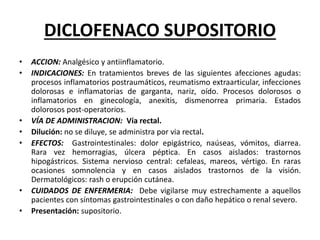 DICLOFENACO SUPOSITORIO
• ACCION: Analgésico y antiinflamatorio.
• INDICACIONES: En tratamientos breves de las siguientes afecciones agudas:
procesos inflamatorios postraumáticos, reumatismo extraarticular, infecciones
dolorosas e inflamatorias de garganta, nariz, oído. Procesos dolorosos o
inflamatorios en ginecología, anexitis, dismenorrea primaria. Estados
dolorosos post-operatorios.
• VÍA DE ADMINISTRACION: Vía rectal.
• Dilución: no se diluye, se administra por via rectal.
• EFECTOS: Gastrointestinales: dolor epigástrico, naúseas, vómitos, diarrea.
Rara vez hemorragias, úlcera péptica. En casos aislados: trastornos
hipogástricos. Sistema nervioso central: cefaleas, mareos, vértigo. En raras
ocasiones somnolencia y en casos aislados trastornos de la visión.
Dermatológicos: rash o erupción cutánea.
• CUIDADOS DE ENFERMERIA: Debe vigilarse muy estrechamente a aquellos
pacientes con síntomas gastrointestinales o con daño hepático o renal severo.
• Presentación: supositorio.
 