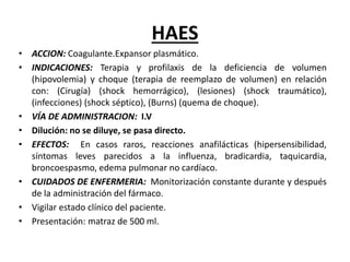HAES
• ACCION: Coagulante.Expansor plasmático.
• INDICACIONES: Terapia y profilaxis de la deficiencia de volumen
(hipovolemia) y choque (terapia de reemplazo de volumen) en relación
con: (Cirugía) (shock hemorrágico), (lesiones) (shock traumático),
(infecciones) (shock séptico), (Burns) (quema de choque).
• VÍA DE ADMINISTRACION: I.V
• Dilución: no se diluye, se pasa directo.
• EFECTOS: En casos raros, reacciones anafilácticas (hipersensibilidad,
síntomas leves parecidos a la influenza, bradicardia, taquicardia,
broncoespasmo, edema pulmonar no cardíaco.
• CUIDADOS DE ENFERMERIA: Monitorización constante durante y después
de la administración del fármaco.
• Vigilar estado clínico del paciente.
• Presentación: matraz de 500 ml.
 