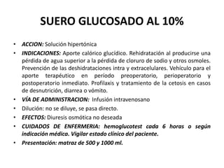 SUERO GLUCOSADO AL 10%
• ACCION: Solución hipertónica
• INDICACIONES: Aporte calórico glucídico. Rehidratación al producirse una
pérdida de agua superior a la pérdida de cloruro de sodio y otros osmoles.
Prevención de las deshidrataciones intra y extracelulares. Vehículo para el
aporte terapéutico en período preoperatorio, perioperatorio y
postoperatorio inmediato. Profilaxis y tratamiento de la cetosis en casos
de desnutrición, diarrea o vómito.
• VÍA DE ADMINISTRACION: Infusión intravenosano
• Dilución: no se diluye, se pasa directo.
• EFECTOS: Diuresis osmótica no deseada
• CUIDADOS DE ENFERMERIA: hemoglucotest cada 6 horas o según
indicación médica. Vigilar estado clínico del paciente.
• Presentación: matraz de 500 y 1000 ml.
 