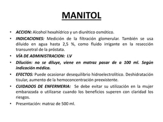 MANITOL
• ACCION: Alcohol hexahídrico y un diurético osmótico.
• INDICACIONES: Medición de la filtración glomerular. También se usa
diluido en agua hasta 2,5 %, como fluido irrigante en la resección
transuretral de la próstata.
• VÍA DE ADMINISTRACION: I.V
• Dilución: no se diluye, viene en matraz pasar de a 100 ml. Según
indicación médica.
• EFECTOS: Puede ocasionar desequilibrio hidroelectrolítico. Deshidratación
tisular, aumento de la hemoconcentración preexistente.
• CUIDADOS DE ENFERMERIA: Se debe evitar su utilización en la mujer
embarazada o utilizarse cuando los beneficios superen con claridad los
riesgos.
• Presentación: matraz de 500 ml.
 
