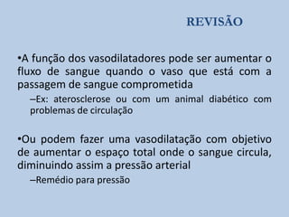 REVISÃO
•A função dos vasodilatadores pode ser aumentar o
fluxo de sangue quando o vaso que está com a
passagem de sangue comprometida
–Ex: aterosclerose ou com um animal diabético com
problemas de circulação

•Ou podem fazer uma vasodilatação com objetivo
de aumentar o espaço total onde o sangue circula,
diminuindo assim a pressão arterial
–Remédio para pressão

 