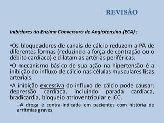 REVISÃO
Inibidores da Enzima Conversora de Angiotensina (ECA) :

•Os bloqueadores de canais de cálcio reduzem a PA de
diferentes formas (reduzindo a força de contração ou o
débito cardíaco) e dilatam as artérias periféricas.
•O mecanismo básico de sua ação na hipertensão é a
inibição do influxo de cálcio nas células musculares lisas
arteriais.
•A inibição excessiva do influxo de cálcio pode causar:
depressão cardíaca, incluindo parada cardíaca,
bradicardia, bloqueio atrioventricular e ICC.
–A droga é contra-indicada em pacientes com história de
arritmias graves.

 