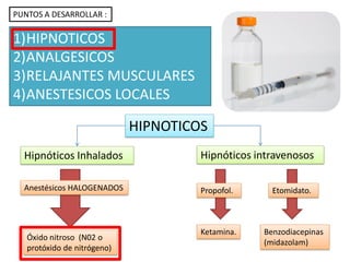 HIPNOTICOS
Hipnóticos Inhalados Hipnóticos intravenosos
Anestésicos HALOGENADOS
Óxido nitroso (N02 o
protóxido de nitrógeno)
Propofol. Etomidato.
Benzodiacepinas
(midazolam)
Ketamina.
PUNTOS A DESARROLLAR :
1)HIPNOTICOS
2)ANALGESICOS
3)RELAJANTES MUSCULARES
4)ANESTESICOS LOCALES
 