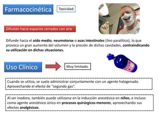 ToxicidadFarmacocinética
Difusión hacia espacios cerrados con aire
Difunde hacia el oído medio, neumotorax o asas intestinales (íleo paralítico), lo que
provoca un gran aumento del volumen y la presión de dichas cavidades, contraindicando
su utilización en dichas situaciones.
Uso Clínico Muy limitado.
Cuando se utiliza, se suele administrar conjuntamente con un agente halogenado.
Aprovechando el efecto de "segundo gas“.
Al ser inodoro, también puede utilizarse en la inducción anestésica en niños, e incluso
como agente anestésico único en procesos quirúrgicos menores, aprovechando sus
efectos analgésicos.
 