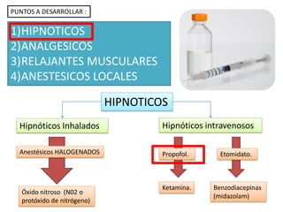 HIPNOTICOS
Hipnóticos Inhalados Hipnóticos intravenosos
Anestésicos HALOGENADOS
Óxido nitroso (N02 o
protóxido de nitrógeno)
Propofol. Etomidato.
Benzodiacepinas
(midazolam)
Ketamina.
PUNTOS A DESARROLLAR :
1)HIPNOTICOS
2)ANALGESICOS
3)RELAJANTES MUSCULARES
4)ANESTESICOS LOCALES
 