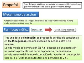 Propofol Es un derivado alquifenol presentado en una emulsión hidrooleosa
que contiene lecitina de huevo, glicerol y aceite de soja.
Mecanismo de acción
Aumenta la actividad en las sinapsis inhibitorias de ácido y-aminobutírico (GABA),
produciendo sedación y amnesia.
Farmacocinética Eliminación Metabolismo Hepático
Tras una dosis de inducción, se produce la pérdida de consciencia
en 15-45 segundos, con una duración de acción entre 5-10
minutos.
La vida media de eliminación (t1 / 2 ) después de una perfusión
intravenosa presenta una curva exponencial, dependiendo
principalmente del tiempo de duración de la perfusión de propofol
(por ej., t 1 / 2 de 15 minutos tras una perfusión de 2 h).
 