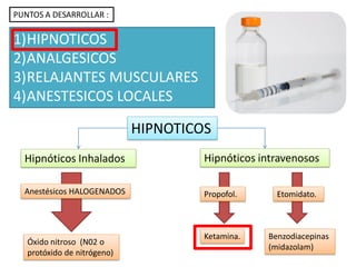HIPNOTICOS
Hipnóticos Inhalados Hipnóticos intravenosos
Anestésicos HALOGENADOS
Óxido nitroso (N02 o
protóxido de nitrógeno)
Propofol. Etomidato.
Benzodiacepinas
(midazolam)
Ketamina.
PUNTOS A DESARROLLAR :
1)HIPNOTICOS
2)ANALGESICOS
3)RELAJANTES MUSCULARES
4)ANESTESICOS LOCALES
 