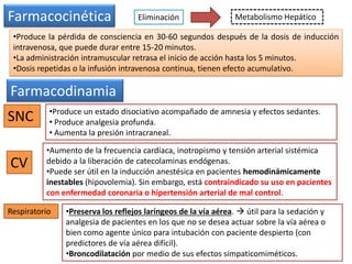 Farmacocinética Eliminación Metabolismo Hepático
•Produce la pérdida de consciencia en 30-60 segundos después de la dosis de inducción
intravenosa, que puede durar entre 15-20 minutos.
•La administración intramuscular retrasa el inicio de acción hasta los 5 minutos.
•Dosis repetidas o la infusión intravenosa continua, tienen efecto acumulativo.
Farmacodinamia
SNC •Produce un estado disociativo acompañado de amnesia y efectos sedantes.
• Produce analgesia profunda.
• Aumenta la presión intracraneal.
CV
•Aumento de la frecuencia cardíaca, inotropismo y tensión arterial sistémica
debido a la liberación de catecolaminas endógenas.
•Puede ser útil en la inducción anestésica en pacientes hemodinámicamente
inestables (hipovolemia). Sin embargo, está contraindicado su uso en pacientes
con enfermedad coronaria o hipertensión arterial de mal control.
•Preserva los reflejos laríngeos de la vía aérea.  útil para la sedación y
analgesia de pacientes en los que no se desea actuar sobre la vía aérea o
bien como agente único para intubación con paciente despierto (con
predictores de vía aérea difícil).
•Broncodilatación por medio de sus efectos simpaticomiméticos.
Respiratorio
 
