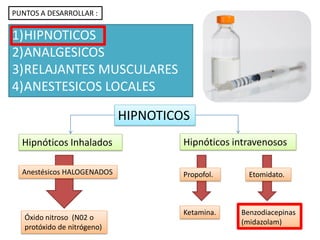 HIPNOTICOS
Hipnóticos Inhalados Hipnóticos intravenosos
Anestésicos HALOGENADOS
Óxido nitroso (N02 o
protóxido de nitrógeno)
Propofol. Etomidato.
Benzodiacepinas
(midazolam)
Ketamina.
PUNTOS A DESARROLLAR :
1)HIPNOTICOS
2)ANALGESICOS
3)RELAJANTES MUSCULARES
4)ANESTESICOS LOCALES
 
