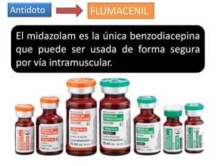 Antídoto FLUMACENIL
El midazolam es la única benzodiacepina
que puede ser usada de forma segura
por vía intramuscular.
 