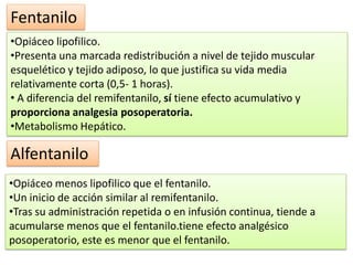 Fentanilo
•Opiáceo lipofilico.
•Presenta una marcada redistribución a nivel de tejido muscular
esquelético y tejido adiposo, lo que justifica su vida media
relativamente corta (0,5- 1 horas).
• A diferencia del remifentanilo, sí tiene efecto acumulativo y
proporciona analgesia posoperatoria.
•Metabolismo Hepático.
Alfentanilo
•Opiáceo menos lipofilico que el fentanilo.
•Un inicio de acción similar al remifentanilo.
•Tras su administración repetida o en infusión continua, tiende a
acumularse menos que el fentanilo.tiene efecto analgésico
posoperatorio, este es menor que el fentanilo.
 