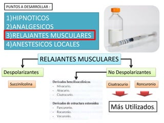 RELAJANTES MUSCULARES
Despolarizantes No Despolarizantes
Succinilcolina Roncuronio
PUNTOS A DESARROLLAR :
1)HIPNOTICOS
2)ANALGESICOS
3)RELAJANTES MUSCULARES
4)ANESTESICOS LOCALES
Cisatracurio
Más Utilizados.
 