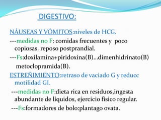 DIGESTIVO:
NÁUSEAS Y VÓMITOS:niveles de HCG.
---medidas no F: comidas frecuentes y poco
  copiosas. reposo postprandial.
---Fs:doxilamina+piridoxina(B)…dimenhidrinato(B)
   metoclopramida(B).
ESTREÑIMIENTO:retraso de vaciado G y reducc
  motilidad GI.
 ---medidas no F:dieta rica en residuos,ingesta
  abundante de líquidos, ejercicio físico regular.
 ---Fs:formadores de bolo:plantago ovata.
 