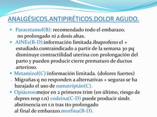 ANALGÉSICOS.ANTIPIRÉTICOS.DOLOR AGUDO.



 Paracetamol(B): recomendado todo el embarazo.
          no prolongado ni a dosis altas.
       AINEs(B-D):información limitada.ibuprofeno el +
         estudiado.contraindicado a partir de la semana 30 pq
         disminuye contractilidad uterina con prolongación del
         parto y pueden producir cierre prematuro de ductus
         arterioso.
       Metamizol(C):información limitada. (dolores fuertes)
    .   Migrañas q no responden a alternativas + seguras se ha
        barajado el uso de sumatriptán(C).
       Opiáceos:mejor en 2 primeros trim (en último, riesgo de
        depres resp r.n) codeina(C-D) puede producir sindr.
        abstinencia en r.n tras tto prolongado
        al final de embarazo.morfina(B-D).
 