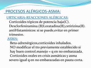 PROCESOS ALÉRGICOS-ASMA:
URTICARIA-REACCIONES ALÉRGICAS:
 Corticoides tópicos de potencia baja(C).
 Dexclorfeniramina.(B)Loratadina(B),cetirizina(B).
 antiHistaminicos: si se puede,evitar en primer
 trimestre.
ASMA:
  Beta-adrenérgicos,corticoides inhalados.
  NO modificar el tto previamente establecido si
  hay buen control.manejo = q en no embarazada.
  Corticoides orales en crisis asmáticas y asma
 severo igual q en no embarazadas en pauta corta.
 