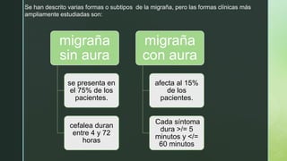 Se han descrito varias formas o subtipos de la migraña, pero las formas clínicas más
ampliamente estudiadas son:
migraña
sin aura
se presenta en
el 75% de los
pacientes.
cefalea duran
entre 4 y 72
horas
migraña
con aura
afecta al 15%
de los
pacientes.
Cada síntoma
dura >/= 5
minutos y </=
60 minutos
 
