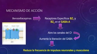 MECANISMO DE ACCIÓN
Benzodiacepinas Receptores Específicos BZ1 y
BZ2 en el GABA-A
Abre los canales del Cl-
Aumenta la liberación del GABA
Reduce la frecuencia de impulsos neuronales y musculares
 