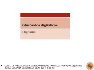 • CURSO DE FARMACOLOGIA CARDIOVASCULAR; FARMACOS INOTROPICOS; JAVIER
BORJA, SUSANNA CUADRIPANI; C&AP 2007; 2: 88-92
 