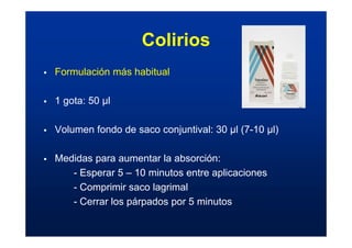 Colirios
ƒ Formulación más habitual
ƒ 1 gota: 50 µl
ƒ Volumen fondo de saco conjuntival: 30 µl (7-10 µl)
ƒ Medidas para aumentar la absorción:
- Esperar 5 – 10 minutos entre aplicaciones
- Comprimir saco lagrimal
- Cerrar los párpados por 5 minutos
 