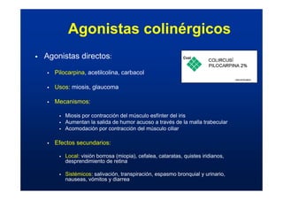 Agonistas colinérgicos
ƒ Agonistas directos:
ƒ Pilocarpina, acetilcolina, carbacol
ƒ Usos: miosis, glaucoma
ƒ Mecanismos:
ƒ Miosis por contracción del músculo esfínter del iris
ƒ Aumentan la salida de humor acuoso a través de la malla trabecular
ƒ Acomodación por contracción del músculo ciliar
ƒ Efectos secundarios:
ƒ Local: visión borrosa (miopia), cefalea, cataratas, quistes iridianos,
desprendimiento de retina
ƒ Sistémicos: salivación, transpiración, espasmo bronquial y urinario,
nauseas, vómitos y diarrea
 