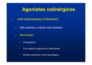 ƒ Anti-colinesterasa (indirectos):
ƒ Más potentes y efecto más duradero
ƒ Reversibles
ƒ Fisostigmina
ƒ Fue usado en glaucoma y pediculosis
ƒ Efectos adversos a nivel neurológico
Agonistas colinérgicos
 