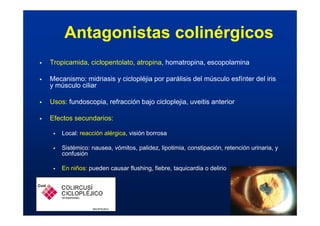 ƒ Tropicamida, ciclopentolato, atropina, homatropina, escopolamina
ƒ Mecanismo: midriasis y ciclopléjia por parálisis del músculo esfínter del iris
y músculo ciliar
ƒ Usos: fundoscopia, refracción bajo cicloplejia, uveitis anterior
ƒ Efectos secundarios:
ƒ Local: reacción alérgica, visión borrosa
ƒ Sistémico: nausea, vómitos, palidez, lipotimia, constipación, retención urinaria, y
confusión
ƒ En niños: pueden causar flushing, fiebre, taquicardia o delirio
Antagonistas colinérgicos
 