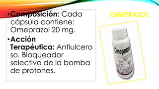 OMEPRAZOL•Composición: Cada
cápsula contiene:
Omeprazol 20 mg.
•Acción
Terapéutica: Antiulcero
so. Bloqueador
selectivo de la bomba
de protones.
 
