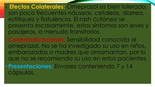 • Efectos Colaterales: Omeprazol es bien tolerado,
son poco frecuentes náuseas, cefaleas, diarrea,
estitiquez y flatulencia. El rash cutáneo se
presenta escasamente, estos síntomas son leves y
pasajeros, a menudo transitorios.
•Contraindicaciones: Sensibilidad conocida al
omeprazol. No se ha investigado su uso en niños,
embarazadas o madres que amamantan, por lo
que no se recomienda su uso en estos pacientes.
•Presentaciones: Envases conteniendo 7 y 14
cápsulas.
 