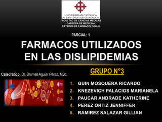 1. GUIN MOSQUERA RICARDO
2. KNEZEVICH PALACIOS MARIANELA
3. PAUCAR ANDRADE KATHERINE
4. PEREZ ORTIZ JENNIFFER
5. RAMIREZ SALAZAR GILLIAN
FARMACOS UTILIZADOS
EN LAS DISLIPIDEMIAS
FACULTAD DE CIENCIAS MÉDICAS
CARRERA DE MEDICINA
CÁTEDRA DE FARMACOLOGÍA II
PARCIAL: 1
Catedrático: Dr. Brumell Aguiar Pérez, MSc.
GRUPO N°3
 