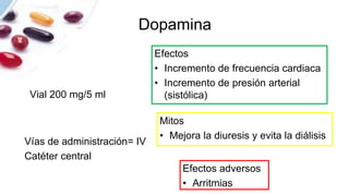 Dopamina
Vial 200 mg/5 ml
Efectos
• Incremento de frecuencia cardiaca
• Incremento de presión arterial
(sistólica)
Vías de administración= IV
Catéter central
Efectos adversos
• Arritmias
Mitos
• Mejora la diuresis y evita la diálisis
 