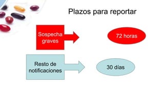 Plazos para reportar
Sospecha
graves
72 horas
Resto de
notificaciones
30 días
 