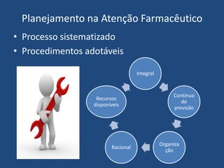 Planejamento na Atenção Farmacêutico
• Processo sistematizado
• Procedimentos adotáveis

                                    Integral


                                                    Contínuo
                   Recursos
                                                       de
                  disponíveis
                                                    previsão




                                               Organiza
                         Racional
                                                 ção
 