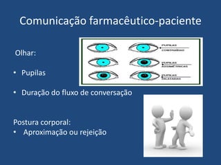 Comunicação farmacêutico-paciente

Olhar:

• Pupilas

• Duração do fluxo de conversação


Postura corporal:
• Aproximação ou rejeição
 