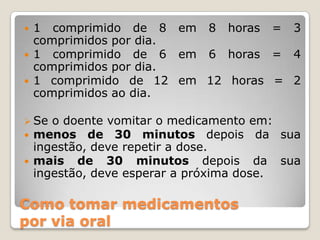 Como tomar medicamentos
por via oral
 1 comprimido de 8 em 8 horas = 3
comprimidos por dia.
 1 comprimido de 6 em 6 horas = 4
comprimidos por dia.
 1 comprimido de 12 em 12 horas = 2
comprimidos ao dia.
 Se o doente vomitar o medicamento em:
 menos de 30 minutos depois da sua
ingestão, deve repetir a dose.
 mais de 30 minutos depois da sua
ingestão, deve esperar a próxima dose.
 